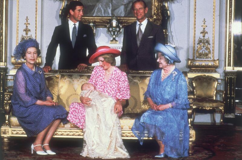 4th August 1982:  Diana, Princess of Wales (1961 - 1997) holding her son Prince William with Charles, Prince of Wales (left), Prince Philip the Duke of Edinburgh, Queen Elizabeth II (left) and Queen Elizabeth the Queen Mother (1900 - 2002) at Buckingham Palalce after Prince William's christening ceremony.  (Photo by Fox Photos/Getty Images)