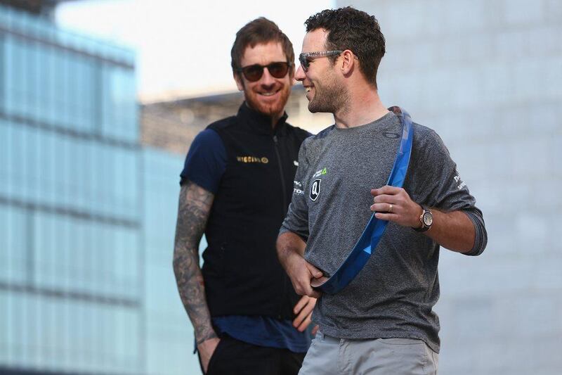 Mark Cavendish (R) of Dimension Data and Sir Bradley Wiggins (L) of Team Wiggins ahead of the Tour of Dubai on February 2, 2016 in Dubai, United Arab Emirates. (Photo by Michael Steele/Getty Images) 