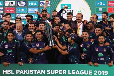 Quetta Gladiators celebrate after winning the 2019 Pakistan Super League final against Peshawar Zalmi in Karachi. EPA