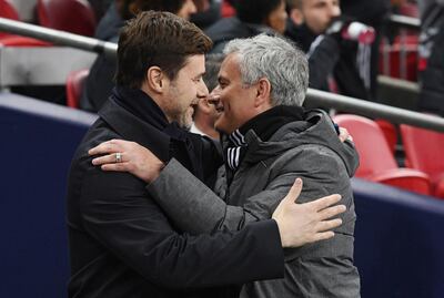 epa08010679 (FILE) - Manchester United's head coach Jose Mourinho (R) and Tottenham Hotspurs's head coach Mauricio Pochettino greet during the English Premier League soccer match between Tottenham Hotspurs and Manchester United at Wembley in London, Britain, 31 January 2018 (reissued 20 November 2019). Tottenham Hotspur have announced the appointment of Jose Mourinho as their new manager.  EPA/FACUNDO ARRIZABALAGA EDITORIAL USE ONLY