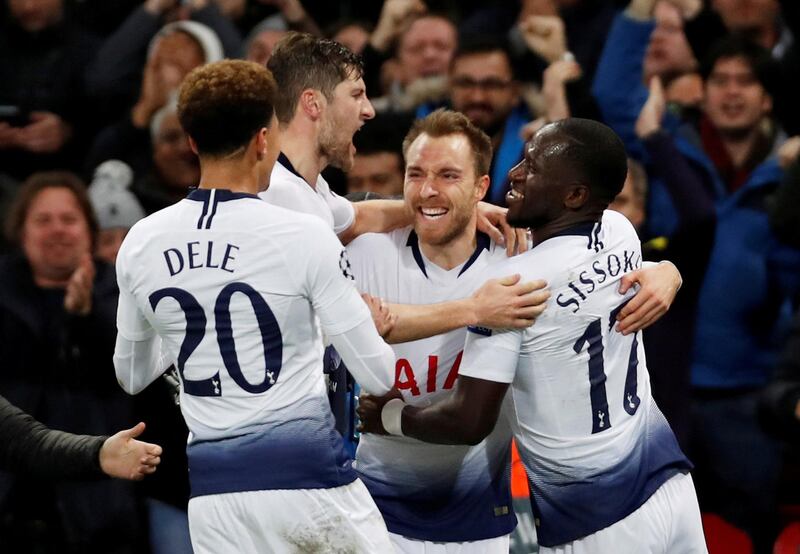 FILE PHOTO: Soccer Football - Champions League - Group Stage - Group B - Tottenham Hotspur v Inter Milan - Wembley Stadium, London, Britain - November 28, 2018  Tottenham's Christian Eriksen celebrates with Ben Davies, Dele Alli and Moussa Sissoko after scoring their first goal   Action Images via Reuters/Paul Childs/File Photo