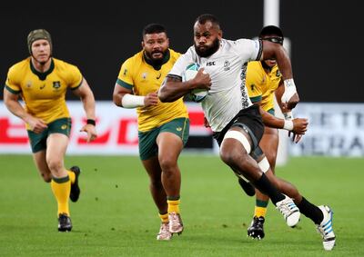 SAPPORO, JAPAN - SEPTEMBER 21: Peceli Yato of Fiji takes on Reece Hodge of Australia during the Rugby World Cup 2019 Group D game between Australia and Fiji at Sapporo Dome on September 21, 2019 in Sapporo, Hokkaido, Japan. (Photo by Shaun Botterill/Getty Images)