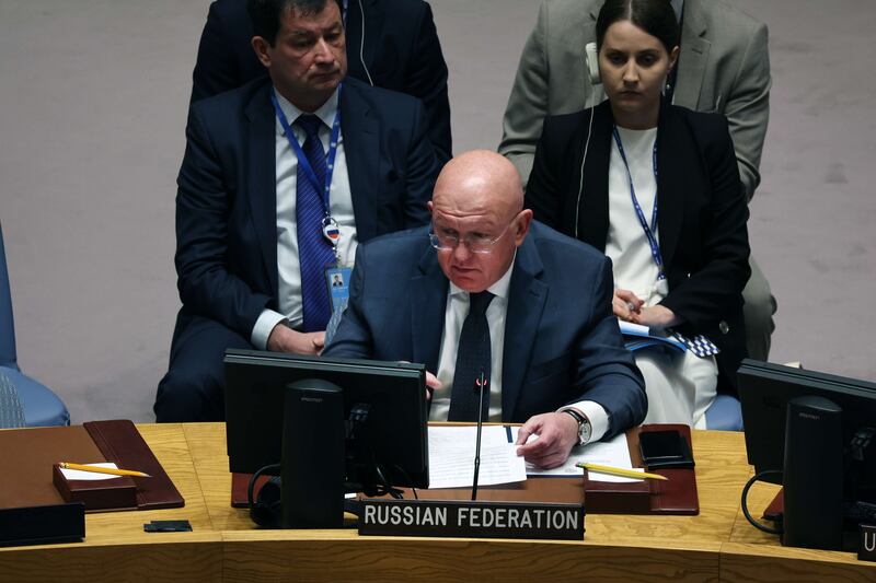Russian Ambassador to the UN Vasily Nebenzya speaks during a UN  Security Council meeting on the situation at the Zaporizhzhia nuclear power plant in Ukraine. Getty Images / AFP