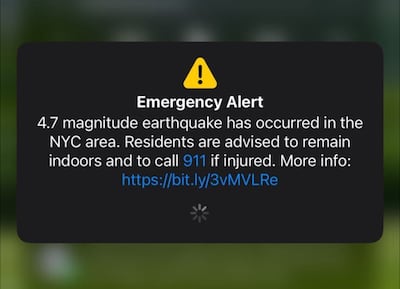 An emergency alert about the earthquake appeared on New Yorkers' phones. Adla Massoud / The National