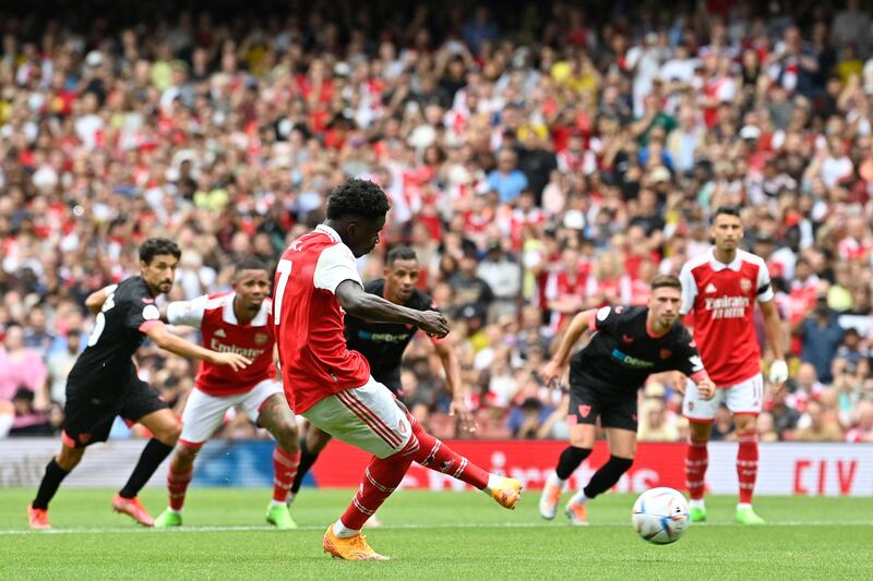 Bukayo Saka scores the first with a penalty. AFP