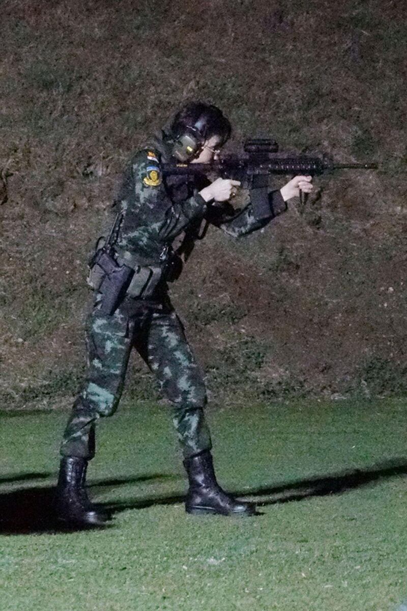 Thai royal consort Sineenat at a firing range, in an image released by the royal palace of Thailand in August. AFP
