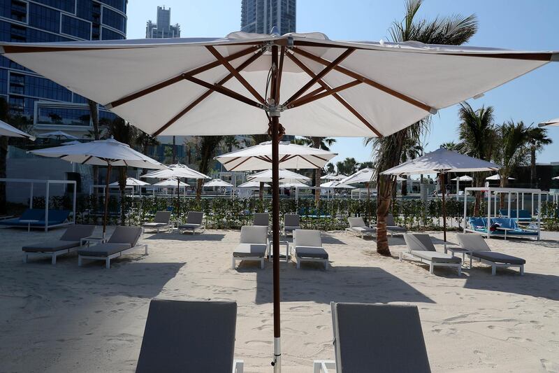 DUBAI, UNITED ARAB EMIRATES , December 24 – 2020 :-  View of the private beach area at the Address Beach Resort near Jumeirah Beach Residences in Dubai. ( Pawan Singh / The National ) For Lifestyle. Story by Janice