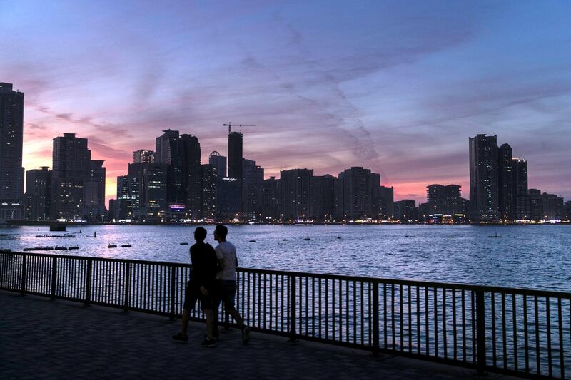 SHARJAH, UNITED ARAB EMIRATES - JANUARY 10, 2019. 

Sunset at Al Majaz waterfront in Sharjah.

(Photo by Reem Mohammed/The National)

Reporter: 
Section:  NA