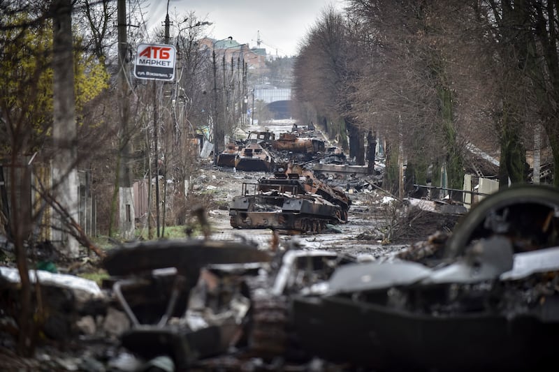 Destroyed Russian military vehicles on a street in Kyiv. EPA