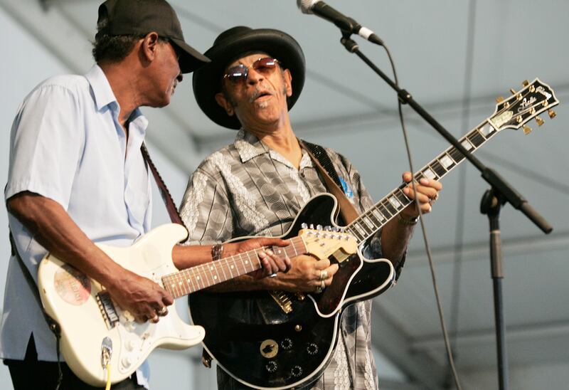 Blues guitarists Paul "Lil' Buck" Sinegal and Rudy Richards perform at the New Orleans Jazz and Heritage Festival in New Orleans, Louisiana April 27, 2007. Reuters