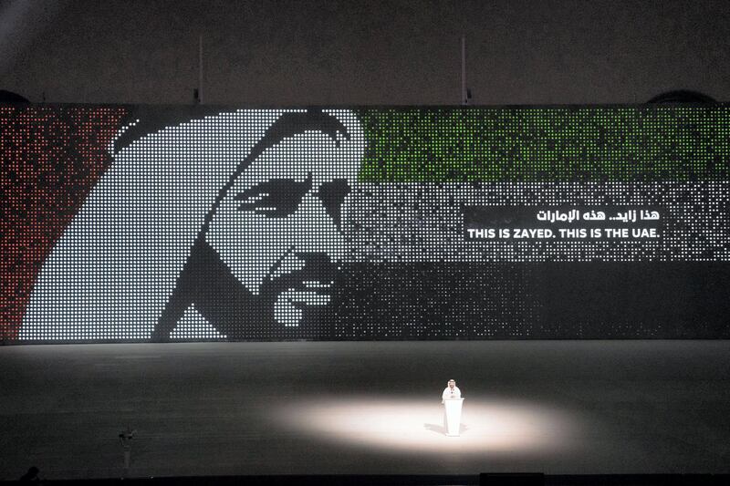 ABU DHABI, UNITED ARAB EMIRATES - December 02, 2018: A general view of "This is Zayed, This is UAE' performance during the 47th UAE National Day celebrations, at Zayed Sports City.

( Mohamed Al Hammadi / Ministry of Presidential Affairs )
---