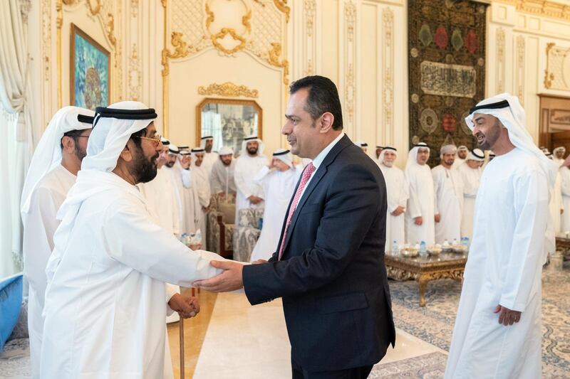 ABU DHABI, UNITED ARAB EMIRATES - June 10, 2019: HH Sheikh Tahnoon bin Mohamed Al Nahyan, Ruler's Representative in Al Ain Region (L) greets HE Dr Maeen Abdulmalik, Prime Minister of Yemen (2nd R), during a Sea Palace barza. Seen with HH Sheikh Mohamed bin Zayed Al Nahyan, Crown Prince of Abu Dhabi and Deputy Supreme Commander of the UAE Armed Forces (R).

( Mohamed Al Hammadi / Ministry of Presidential Affairs )
---
