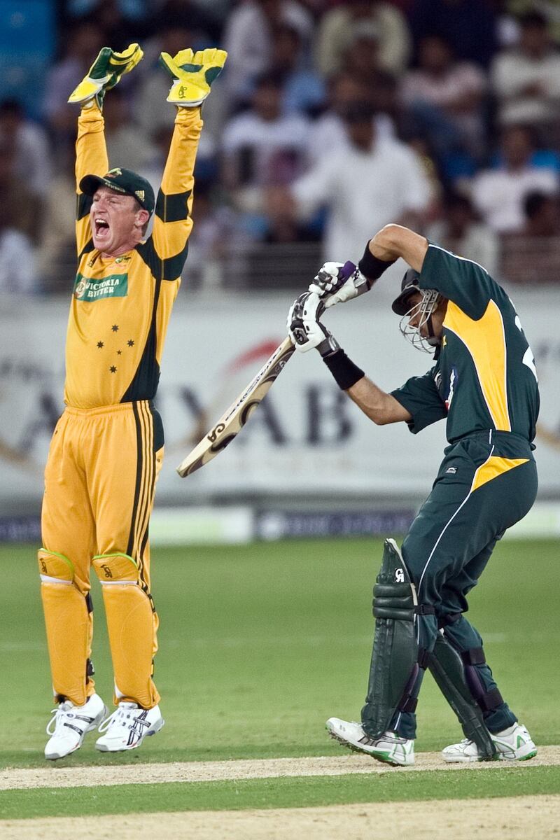 ***PLAYER CORRECTION!!!!

United Arab Emirates -Dubai- April 22, 2009:

SPORTS:  Australia's Brad Haddin shouts while Pakistan's Misbah Ul Haq is up to bat during the Chapal Cup at the Dubai Sports City stadium in Dubai on Wednesday, April 22, 2009. Amy Leang/The National
 *** Local Caption ***  amy_042209_cricket_20CORRECTION.JPG