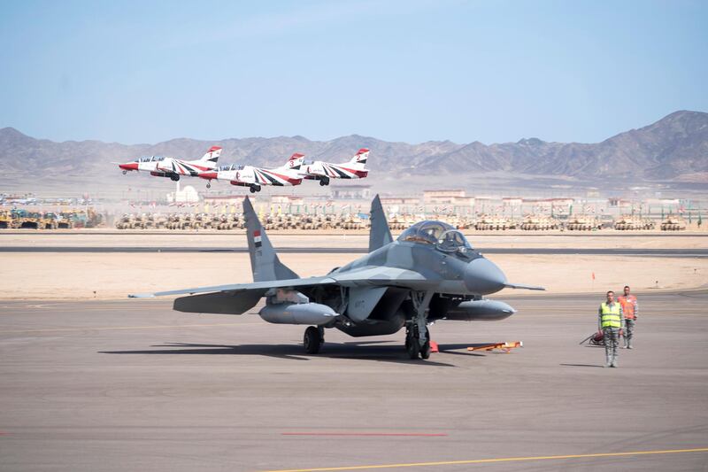 BERENICE, EGYPT - January 15, 2020: Egyptian military aircraft being displayed during the opening ceremony of Berenice Military Base.

( Hamad Al Kaabi /  Ministry of Presidential Affairs )
—