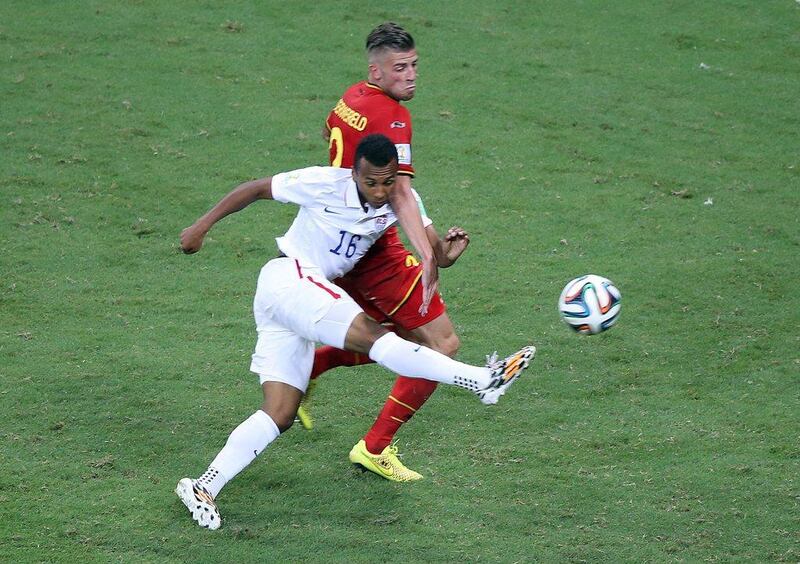 Julian Green of the United States shoots and scores their lone goal to make it 2-1 in their loss to Belgium on Tuesday at the 2014 World Cup. Ali Haider / EPA