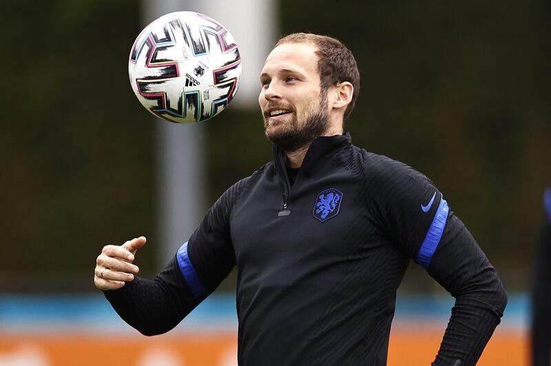 Daley Blind during a training session in Zeist ahead of the Euro 2020 match against North Macedonia. EPA