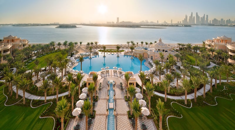 The garden and pool at Raffles Dubai The Palm, the first Raffles resort in he Middle East. Photo: Raffles Resorts & Hotels