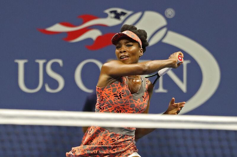 Aug 30, 2017; New York, NY, USA; Venus Williams of the United States hits a forehand against Oceane Dodin of France (not pictured) on day three of the U.S. Open tennis tournament at USTA Billie Jean King National Tennis Center. Mandatory Credit: Geoff Burke-USA TODAY Sports