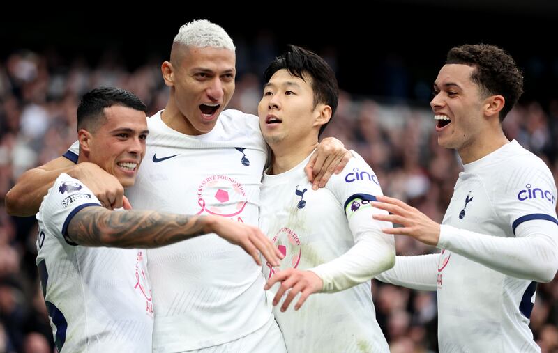 Tottenham Hotspur manager Ange Postecoglou has praised captain Son Heung-min, second right, and says Richarlison, second left, should be fit to face West Ham on Tuesday. PA