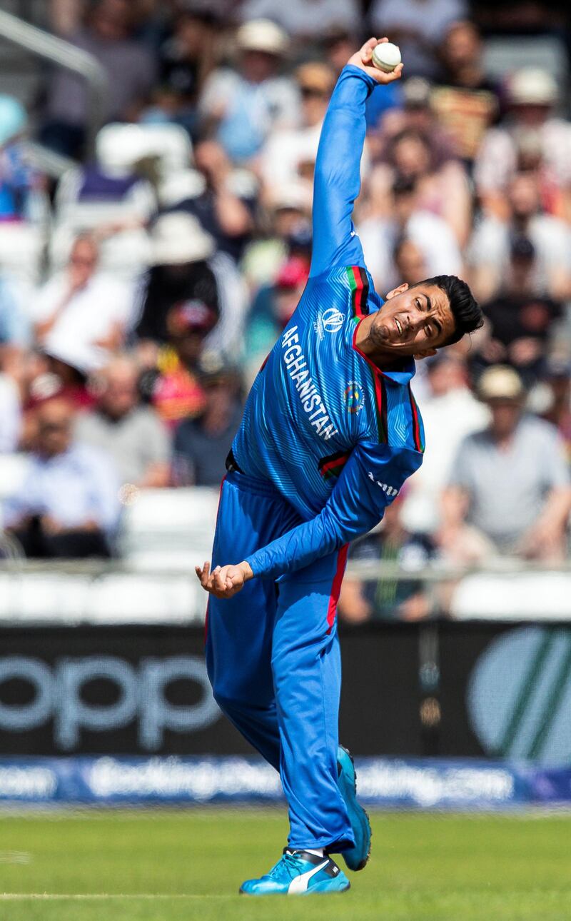 LEEDS, ENGLAND - JULY 04: Mujeeb Ur Rahman of Afghanistan in delivery stride during the Group Stage match of the ICC Cricket World Cup 2019 between Afghanistan and West Indies at Headingley on July 04, 2019 in Leeds, England. (Photo by Andy Kearns/Getty Images)