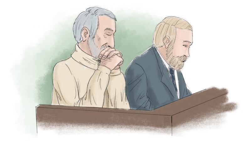 A courtroom sketch shows former Iranian prison official Hamid Noury, left, and his lawyer. AFP