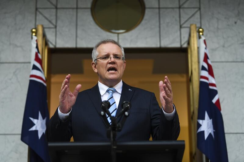 epa06973223 Australian Prime Minister Scott Morrison speaks to the media during a press conference at Parliament House in Canberra, Australian Capital Territory, Australia, 26 August 2018. Morrison revealed on the day his newly formed ministry.  EPA/LUKAS COCH  AUSTRALIA AND NEW ZEALAND OUT