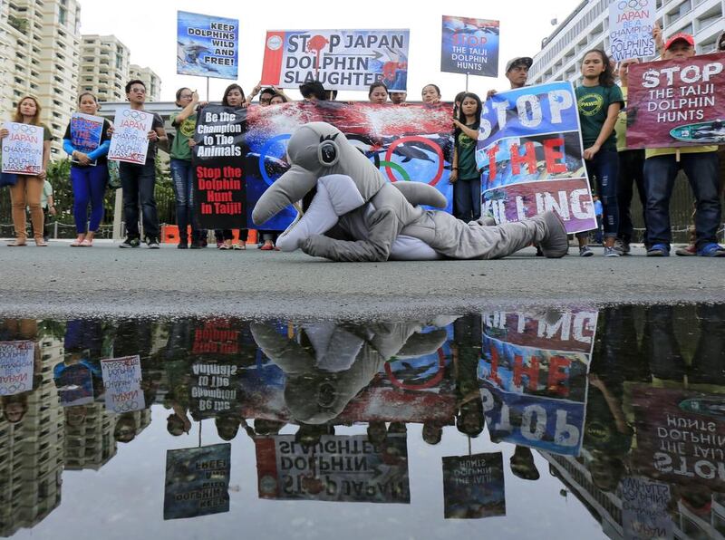 Animal rights activists protest against dolphin slaughter in front of the Japanese embassy in Pasay city, south of Manila, Philippines. Activists protesteted against Japan’s dolphin drive hunt which annually starts in September in Taiji, Japan. Eugenio Loreto / EPA