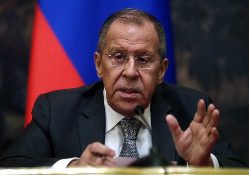 epa08010970 Russian Foreign Minister Sergei Lavrov attends a news conference following talks with Bahrain's Foreign Minister Khalid bin Ahmed Al Khalifa (not pictured) at the Russian Foreign Ministry guest house in Moscow, Russia, 20 November 2019.  EPA/MAXIM SHIPENKOV