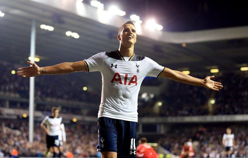 Tottenham Hotspur’s Erik Lamela celebrates scoring his side’s fifth goal. Nigel French / PA / AP