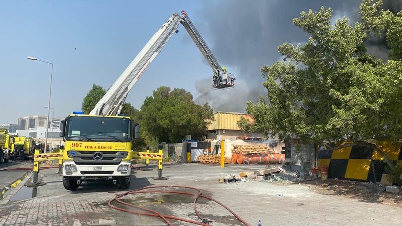 Crews at the scene of a fire at a plastic factory in Jebel Ali.