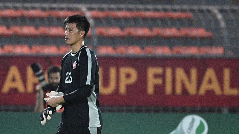 April 25 Sports Club's goalkeeper An Tae Song leaves the pitch after receiving a red card during the  AFC Cup Final. AFP
