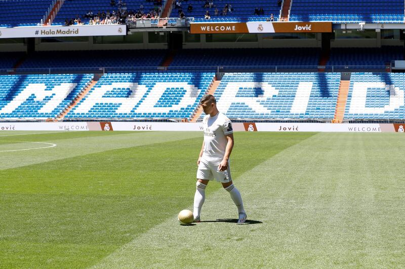 Luka Jovic is presented as a Real Madrid player inside the Santiago Bernabeu. EPA
