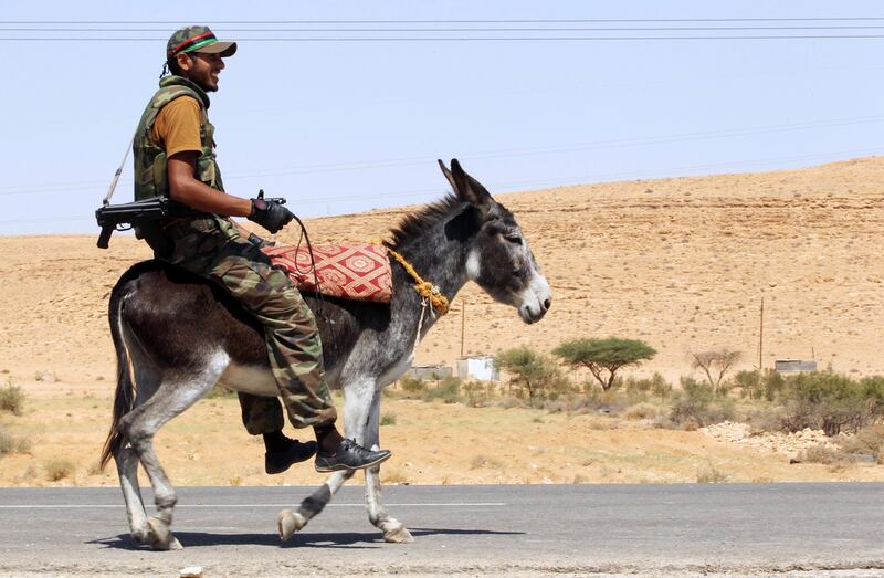 epa02909640 A Libyan rebel rides a donkey at an outpost in Wadi Dinar in the area along the frontline with the town of Bani Walid, Libya, 11 september 2011. According to media report, the rebels had pushed 500 metres into the town centre, but then retreated to allow NATO aircraft to strike at least seven times at positions held by the Gaddafi forces around the town, according to the television report. A deadline, given by Libya's interim rulers to pro-Gaddafi towns to surrender or face a fight, expired late 09 September 2011.  EPA/MOHAMED MESSARA *** Local Caption ***  02909640.jpg