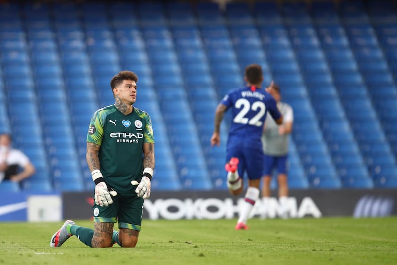 A disappointed Manchester City goalkeeper Ederson after Pulisic's goal. EPA