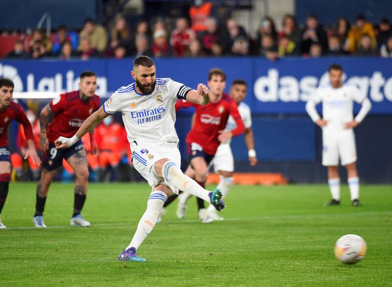 Real Madrid forward Karim Benzema takes, and misses, a penalty against Osasuna. AFP
