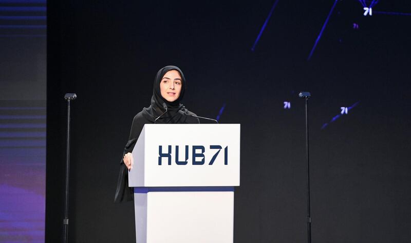 Abu Dhabi, United Arab Emirates - Elham Al Qasim, Acting CEO of Abu Dhabi Investment Office speaks at the launch of Hub71 at Rosewood Hotel, Al Maryah Island. Khushnum Bhandari for The National