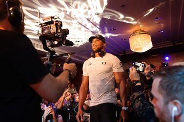 LONDON, ENGLAND - JUNE 29: Anthony Joshua of Great Britain makes an entrance during the Oleksandr Usyk v Anthony Joshua 2 Press Conference at on June 29, 2022 in London, England. (Photo by Alex Pantling / Getty Images)