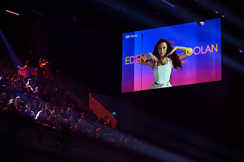 Eden Golan, representing Israel, on-screen during the first semi-final of the 68th edition of the Eurovision Song Contest, in Malmo, Sweden. EPA 