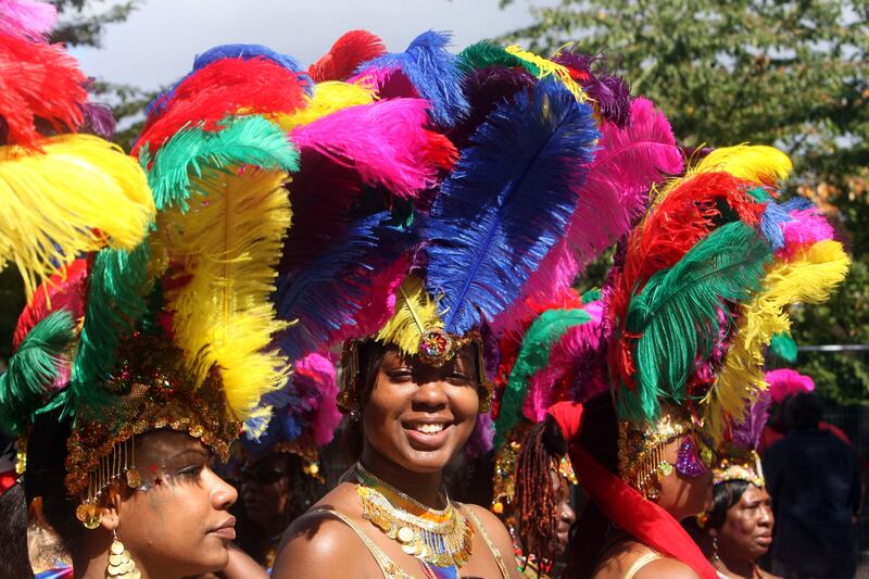 LONDON. 30th August 2010. NOTTING HILL CARNIVAL. Feather headresses at the Notting Hill Carnival, Europe's largest street festival.  Stephen Lock for The National  FOR ARTS & LIFE