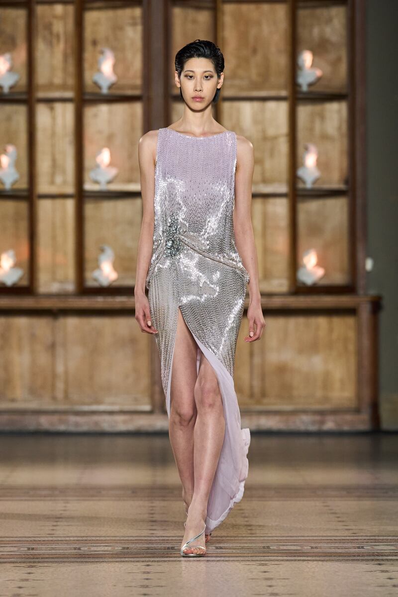 A metallic beaded dress that shifts from lavender to silver at Rami Al Ali. Photo: Rami Al Ali