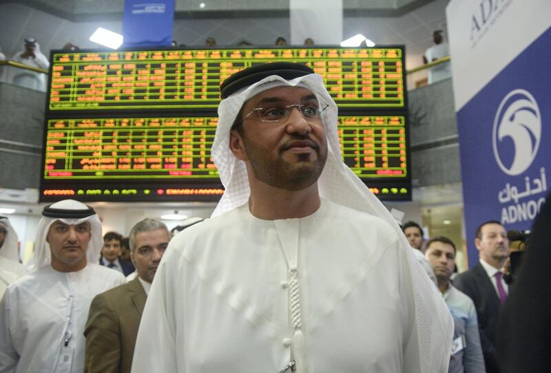 Abu Dhabi, United Arab Emirates -  Sultan Al Jaber, CEO of ADNOC attending the stock exchange listing in Abu Dhabi Securities Exchange on December 13, 2017. (Khushnum Bhandari/ The National)