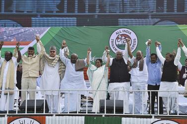 Mamata Banerjee, centre, and other Indian regional party at an opposition rally in Kolkata on January 19, 2019. AFP