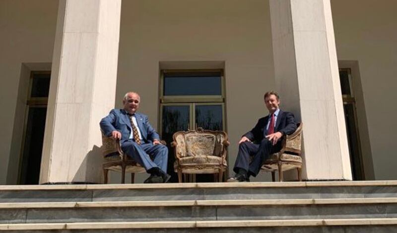 Ambassador Levan Dzhagaryan's meeting with the new head of the United Kingdom British diplomatic mission in Iran Simon Shercliff on the historical stair, where the 1943 Tehran conference was held. Courtesy of the Russian Embassy IRI