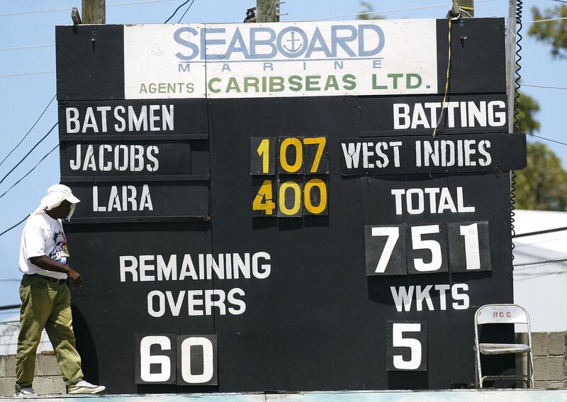 ST JOHNS, ANTIGUA - APRIL 12:  The scorers put up the final score, with Brian Lara on 400 not out, the highest ever test score, during day three of the 4th Test match between the West Indies and England at the Recreation Ground on April 12, 2004 in St Johns, Antigua. (Photo by Tom Shaw/Getty Images)