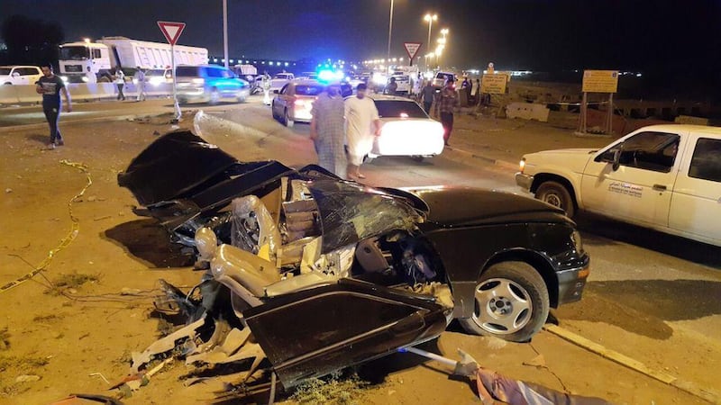 The remains of the car driven by a 19-year-old Emirati. He and his passenger sustained serious injuries. Courtesy Ras Al Khaimah Police