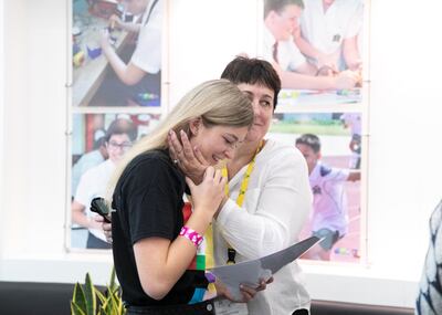 DUBAI, UNITED ARAB EMIRATES. 15 AUGUST 2019. 
Students receive and react to their A-Level results at Jumeirah College school.
(Photo: Reem Mohammed/The National)

Reporter:
Section: