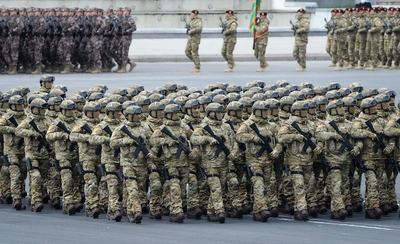 Azerbaijani troops march during a celebration parade in Baku on December 10, 2020. AP Photo