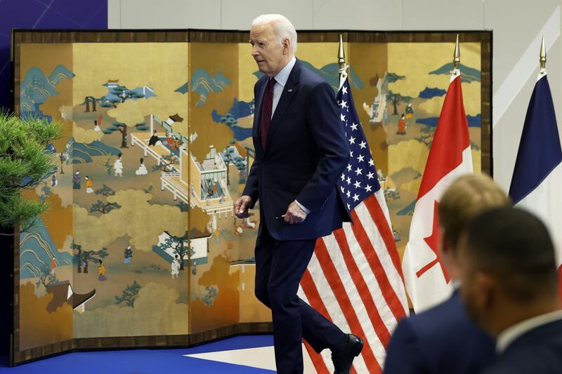 US President Joe Biden arrives for a news conference following the G7 leaders summit in Hiroshima on Sunday. Bloomberg