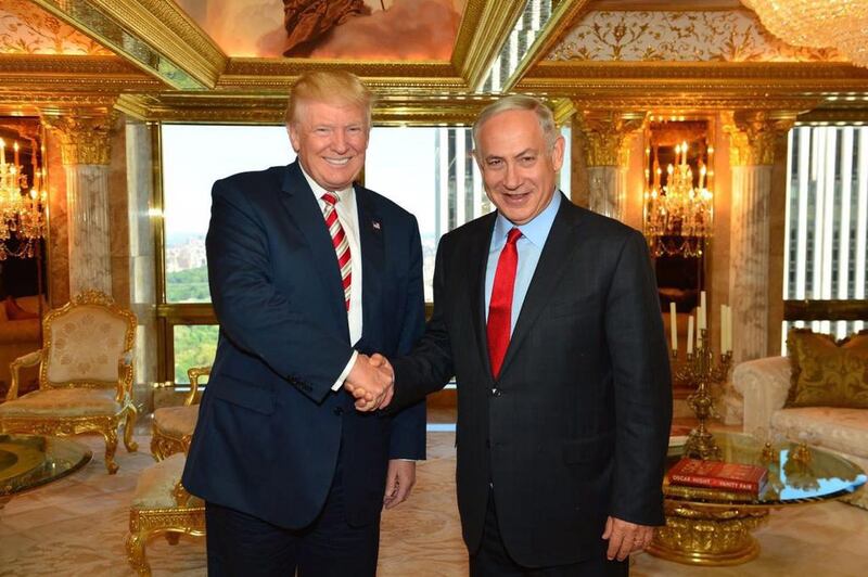 US Republican presidential candidate Donald Trump, left, shaking hands with Israeli prime minister Benjamin Netanyahu at Trump Tower in New York USA on September 25, 2016. Mr Trump drew criticism from Palestinian leaders after saying he will recognise Jerusalem as Israel's 'undivided' capital if he became the next US president. Kobi Gideon, Handout from the Israeli Government Press Office (GPO) via EPA