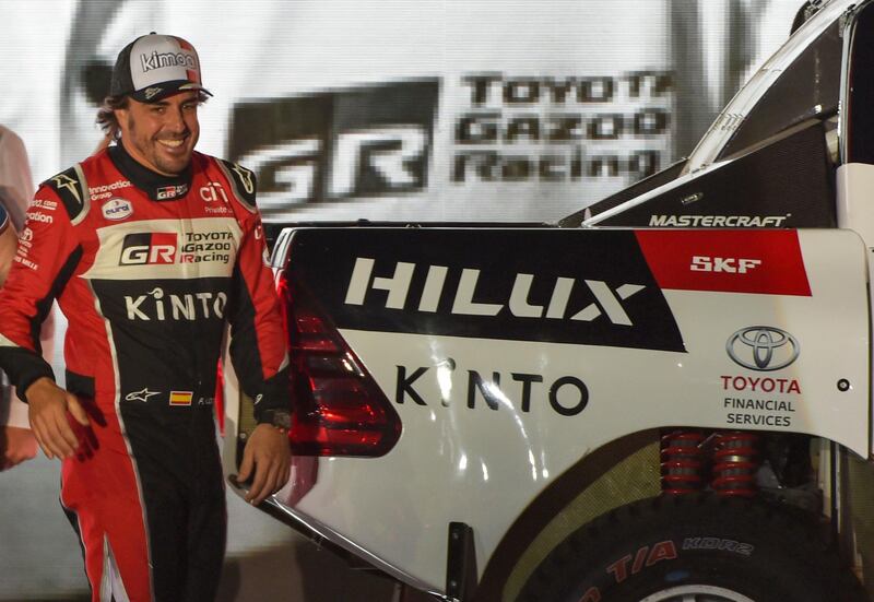 Toyota Gazoo Racing's Spanish driver Fernando Alonso during the podium ceremony in Jeddah ahead of the 2020 Dakar Rally, which takes place in Saudi Arabia from January 5 to 17. AFP